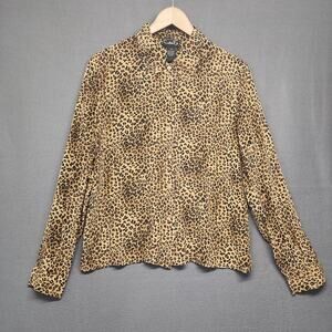 Color FX Top Womens Large Animal Print 100% Silk Long Sleeve Button Up Neck Tie